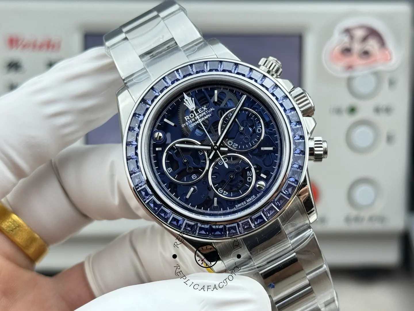 Straight front view of Rolex Daytona Arolla Glacier clear dial replica showing chronograph subdials and bezel layout.