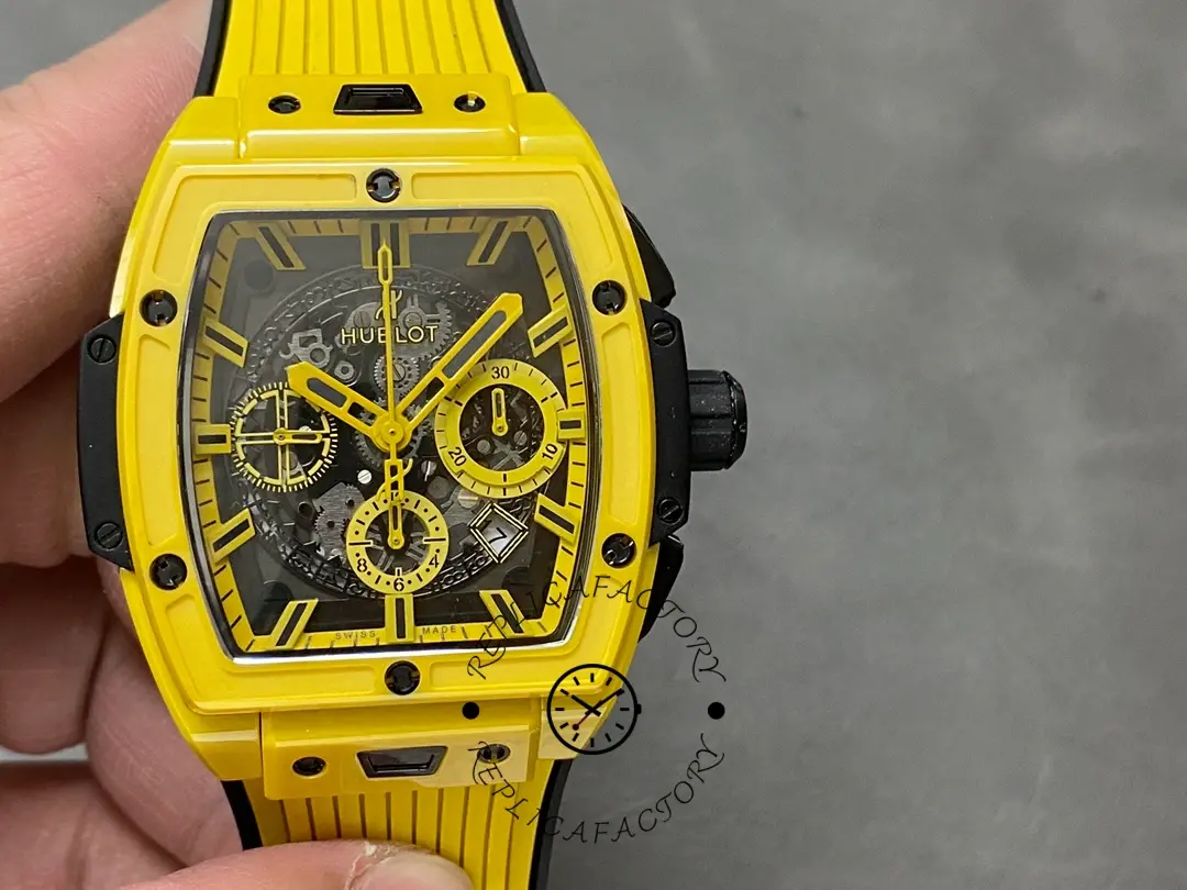 Close-up of Hublot 642.CY.011Y.RX dial with skeleton architecture and luminous hands.