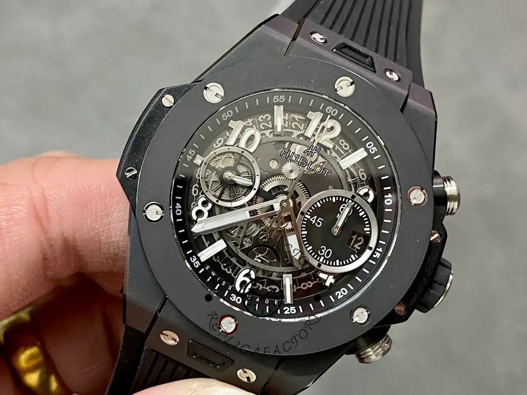 Close-up of Hublot Big Bang 421.NL.5170.RX black dial and bezel screws.