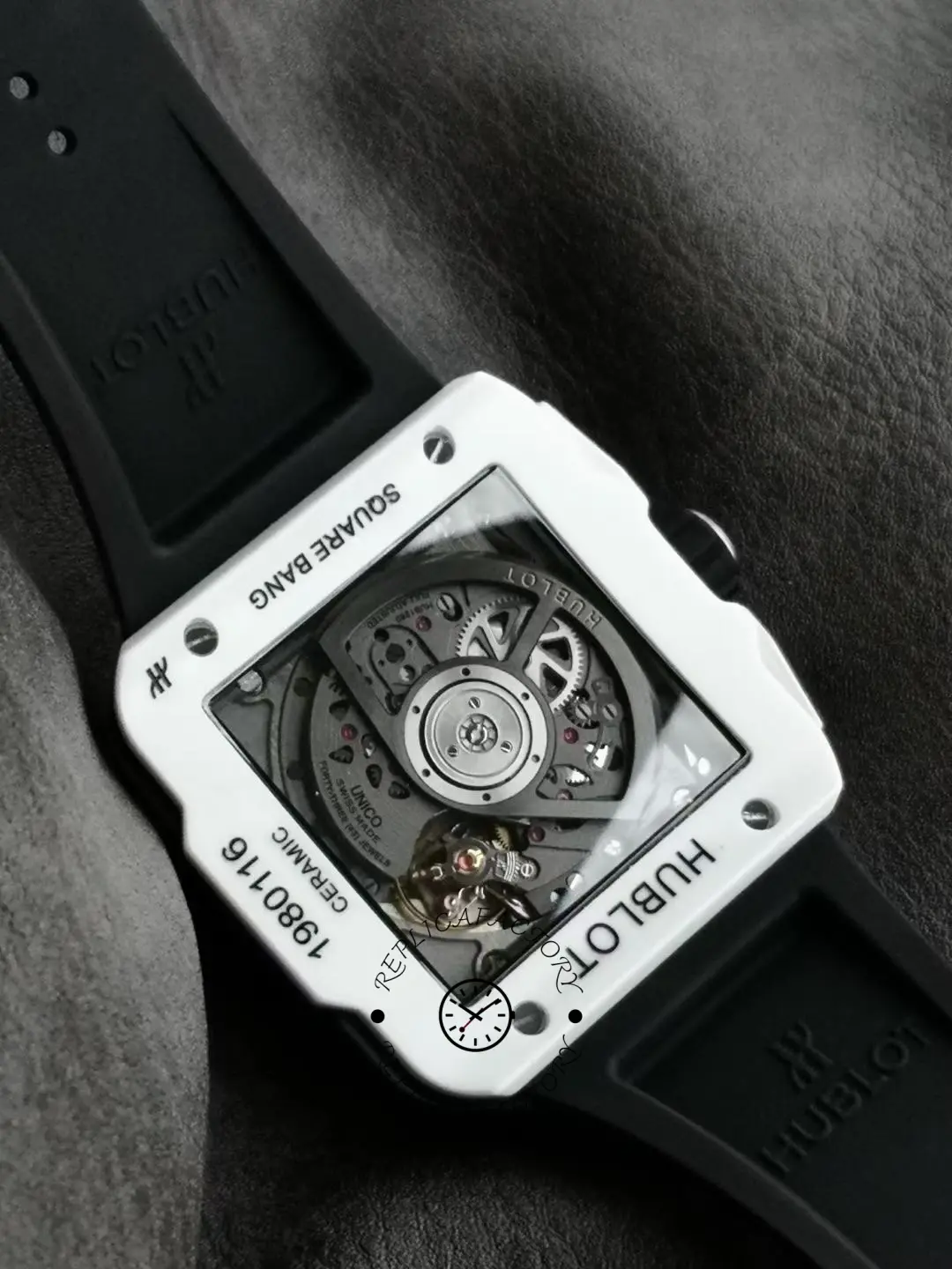 Exhibition caseback of Hublot 821.HX.0170.RX showing rotor and movement through the back crystal.