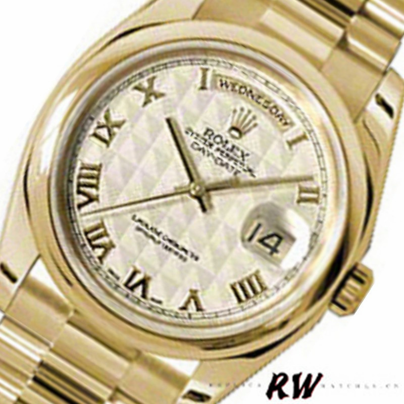 Rolex Day-Date 118208 Yellow Gold Roman Numeral Pyramid Ivory Dial 36mm Unisex Replica Watch - Replica Factory