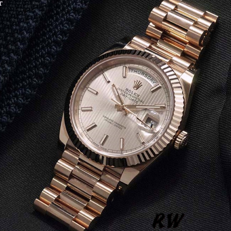 Rolex Day-Date 228235 Sundust Stripe Motif Dial Fluted Bezel 40mm Mens Replica Watch - Replica Factory