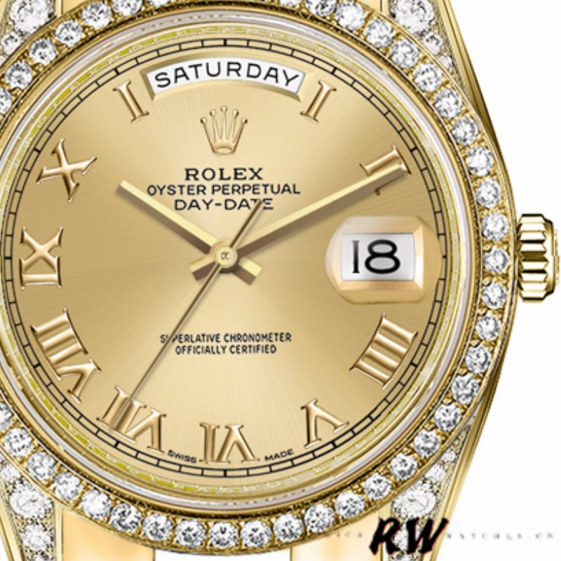 Rolex Day-Date 118388 Diamond Bezel Champagne Roman Numeral Dial 36MM Unisex Replica Watch