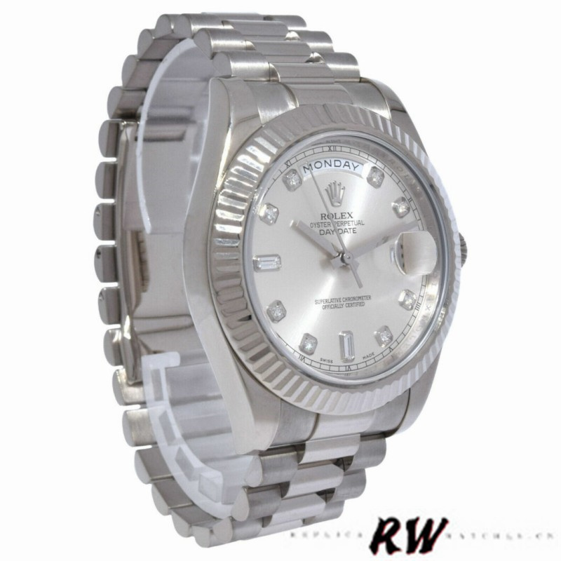 Rolex Day-Date 218239 Diamond Silver Dial White Gold 41MM Mens Replica Watch - Replica Factory