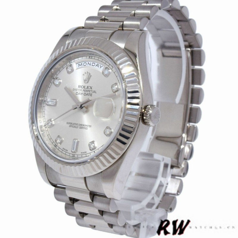 Rolex Day-Date 218239 Diamond Silver Dial White Gold 41MM Mens Replica Watch - Replica Factory
