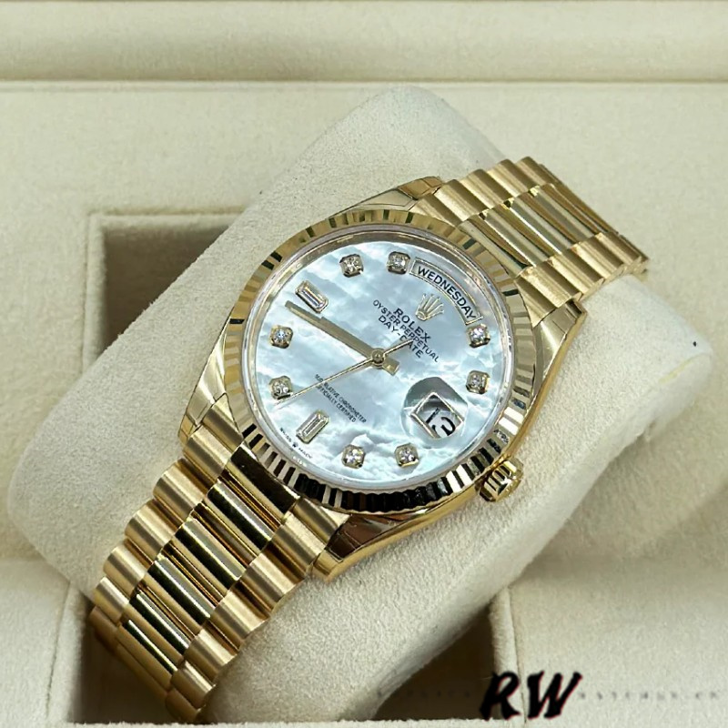 Rolex Day-Date 128238 Fluted Bezel White Mother of Pearl Dial 36MM Unisex Replica Watch - Replica Factory
