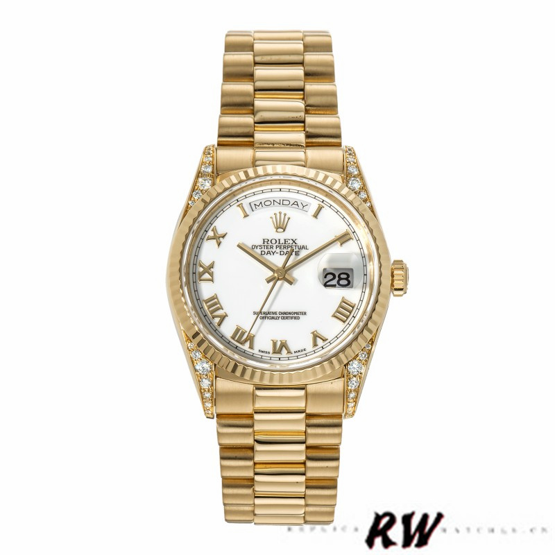 Rolex Day-Date 118338 Yellow gold White Roman Dial 36mm Unisex Replica Watch - Replica Factory