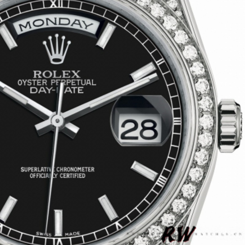 Rolex Day-Date 118389 White Gold Black Index Dial 36MM Unisex Replica Watch - Replica Factory