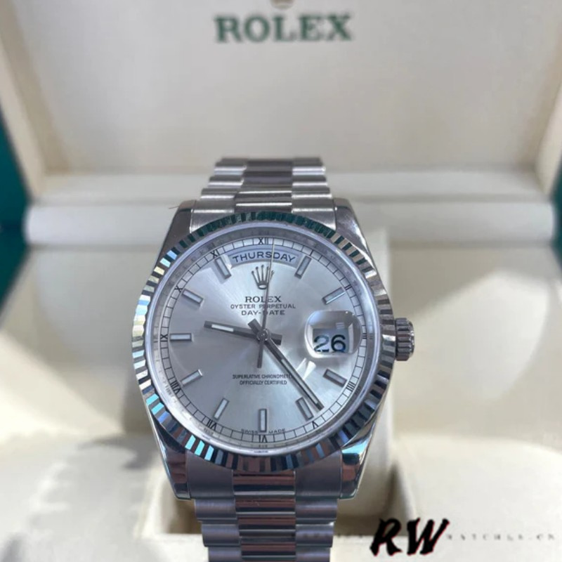 Rolex Day-Date 118239 White Gold Silver dial Fluted Bezel 36mm Unisex Replica Watch - Replica Factory
