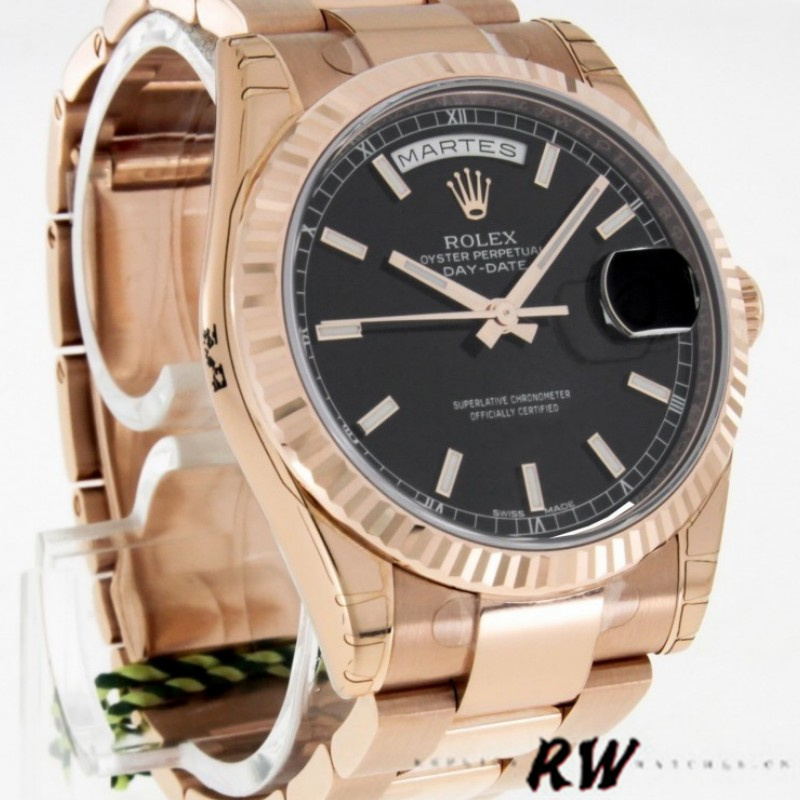 Rolex Day-Date 118235 Black Dial Fluted Bezel 36mm Unisex Replica Watch - Replica Factory