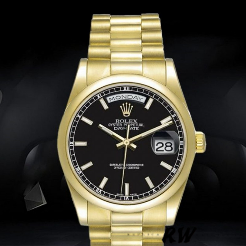 Rolex Day-Date 118208 Black Dial Automatic Yellow Gold 36mm Unisex Replica Watch - Replica Factory