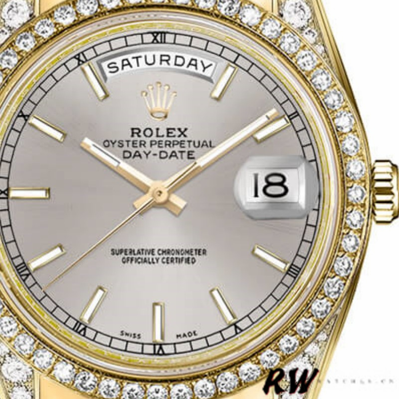 Rolex Day-Date 118388 Yellow Gold Silver Index Dial 36MM Unisex Replica Watch - Replica Factory