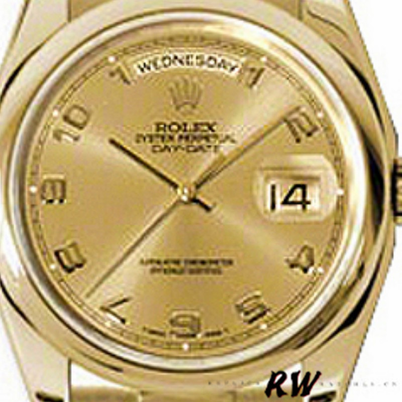 Rolex Day-Date 118208 champagne dial Arabic Numeral Hour Markers yellow gold 36mm Unisex Replica Watch - Replica Factory