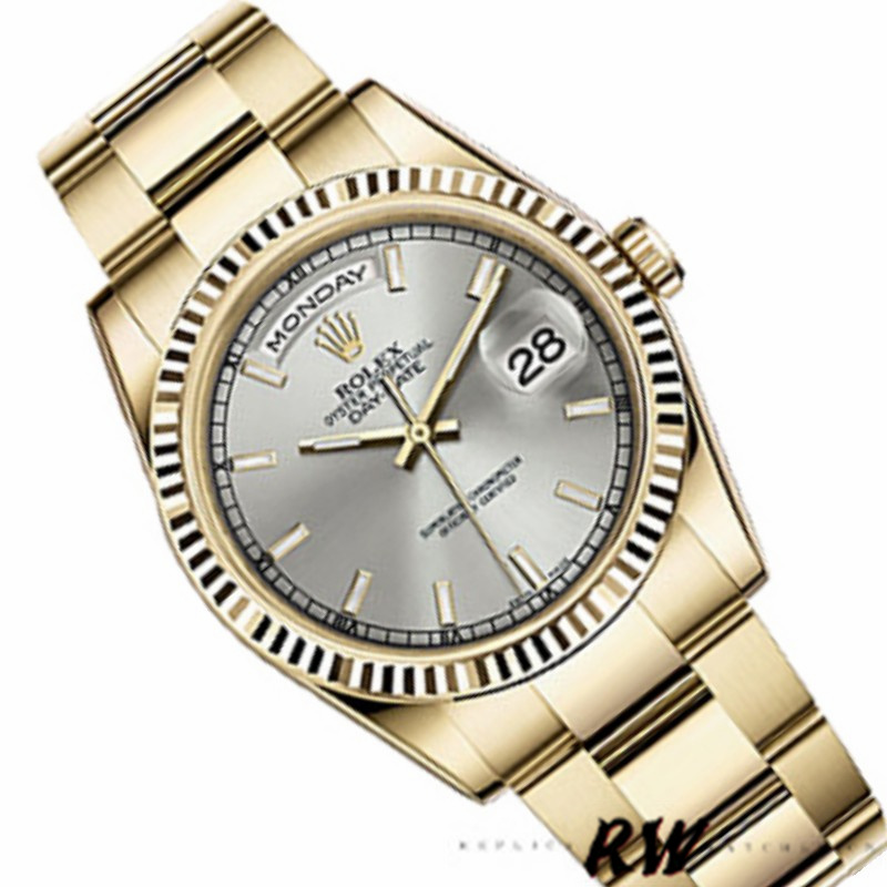 Rolex Day-Date 118238 Yellow Gold Silver dial Fluted Bezel 36mm Unisex Replica Watch - Replica Factory