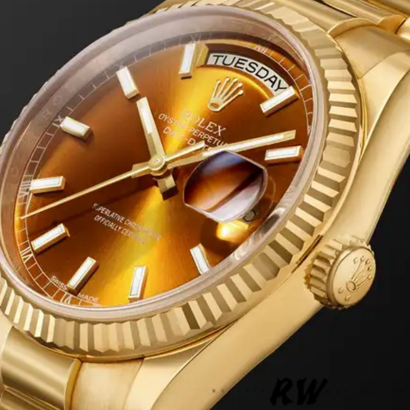 Rolex Day-Date 118238 Index Cognac Dial Fluted Bezel 36mm Unisex Replica Watch - Replica Factory