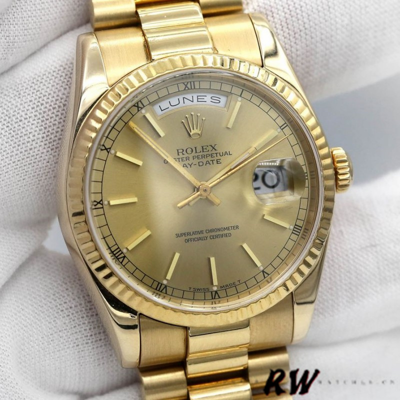 Rolex Day-Date 118238 Yellow Gold Fluted Bezel Champagne Dial 36mm Unisex Replica Watch - Replica Factory