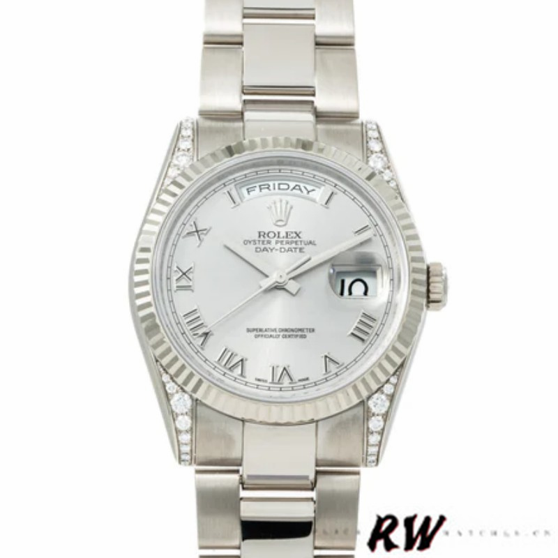 Rolex Day Date 118339 White Gold white Dial Fluted Bezel 36mm Unisex Replica Watch - Replica Factory
