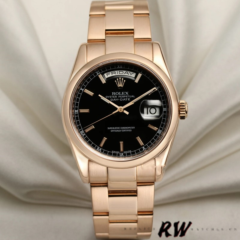 Rolex Day Date 118205 Black Dial Rose Gold 36mm Unisex Replica Watch - Replica Factory