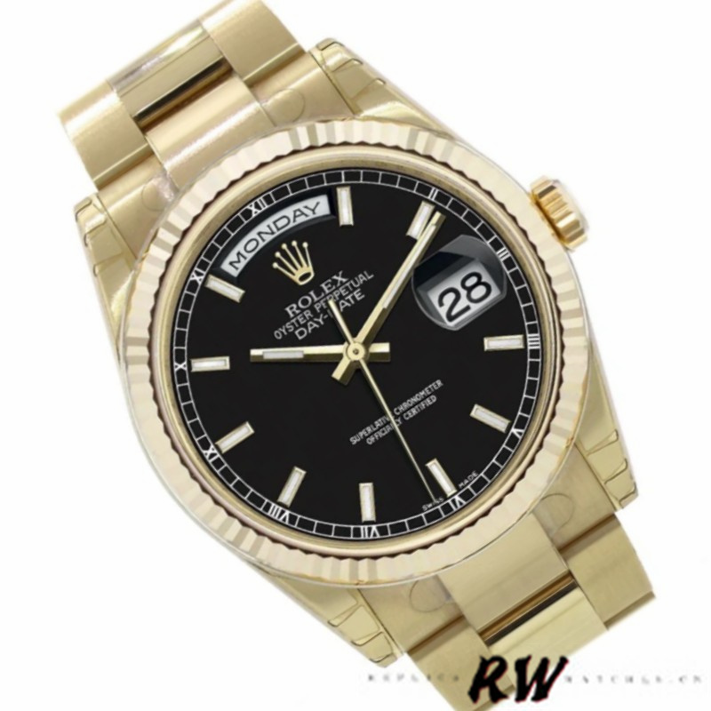 Rolex Day Date 118238 Yellow Gold Black Dial Stainless Steel 36mm Mens Replica Watch - Replica Factory