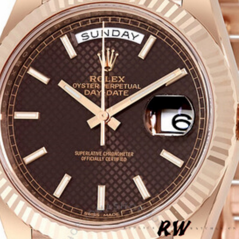 Rolex Day-Date 228235 Chocolate Brown Diagonal Motif Dial Fluted Bezel 40mm Mens Replica Watch - Replica Factory
