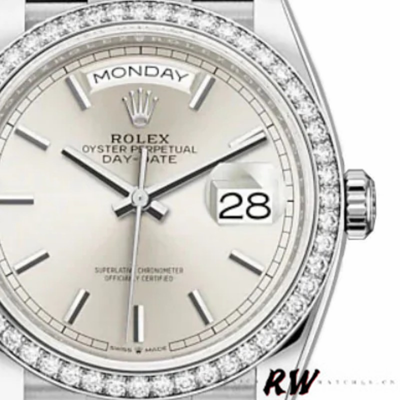 Rolex Day-Date 128349RBR Silver Index Dial Diamond Bezel 36MM Unisex Replica Watch
