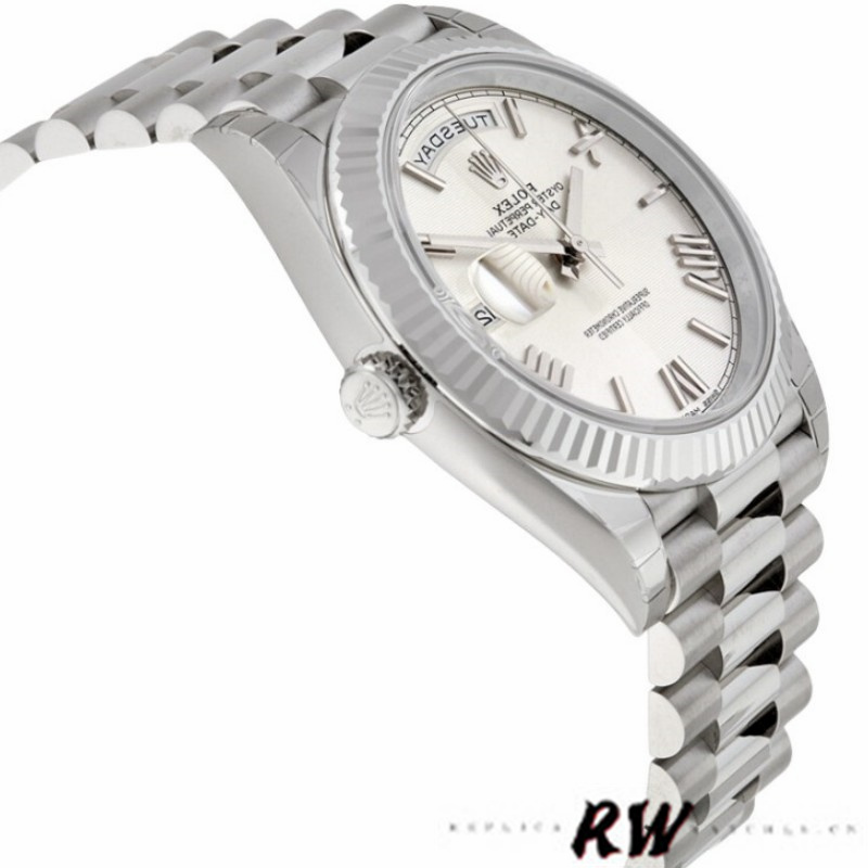 Rolex Day-Date 228239 Silver Quadrant Motif Roman Dial Fluted Bezel 40mm Mens Replica Watch - Replica Factory