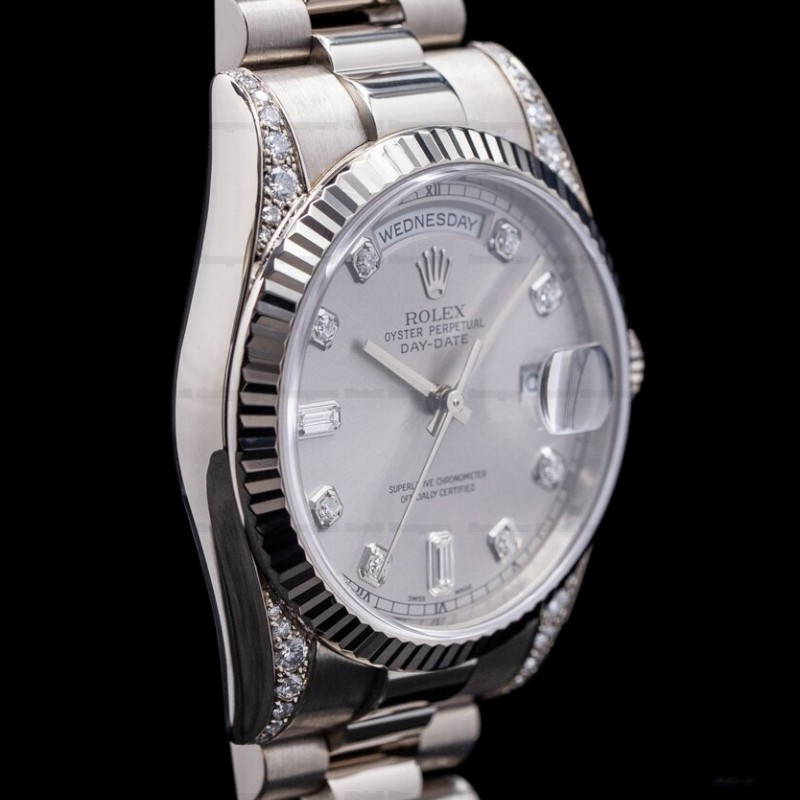 Rolex Day Date 118339 White Gold Silver Dial Fluted Bezel 36mm Unisex Replica Watch - Replica Factory