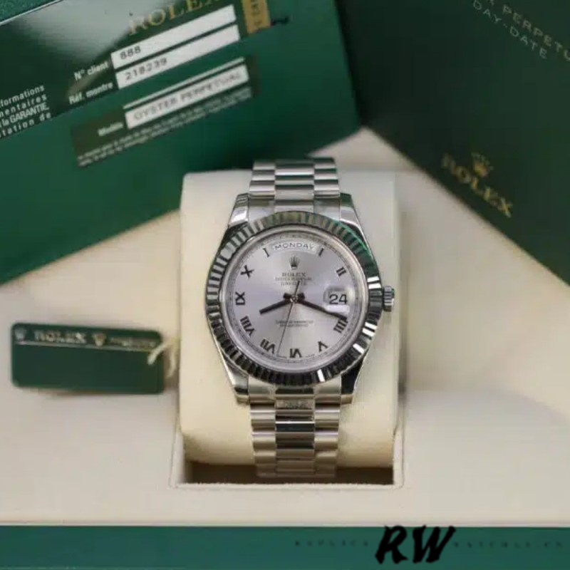 Rolex Day-Date 218239 Silver Roman Numerals Dial White Gold 41MM Mens Replica Watch - Replica Factory