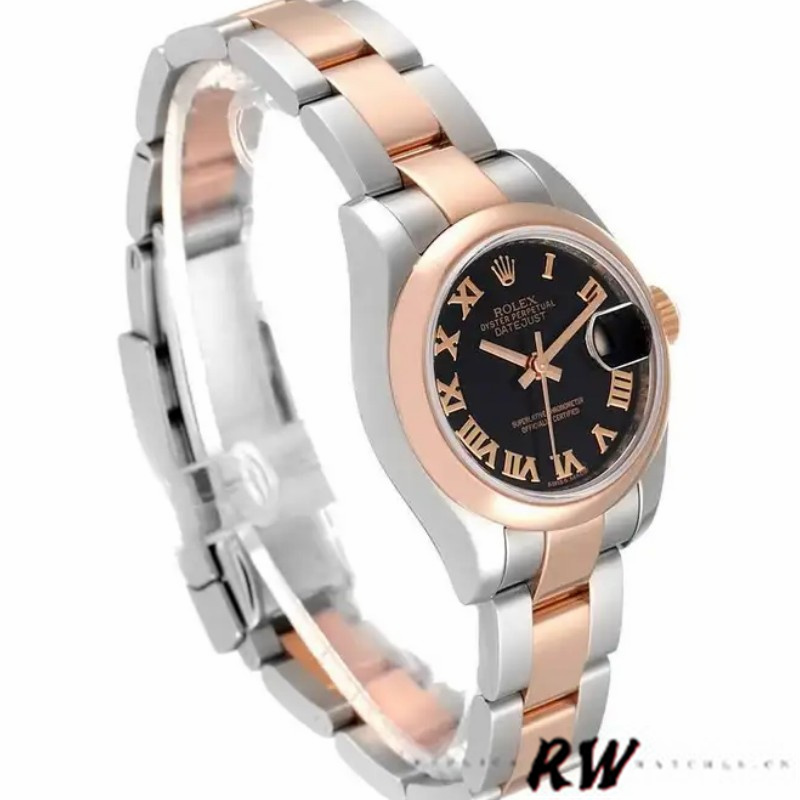 Rolex Datejust 179161 Stainless Steel and Everose Gold Black Roman Dial 26MM Lady Replica Watch - Replica Factory