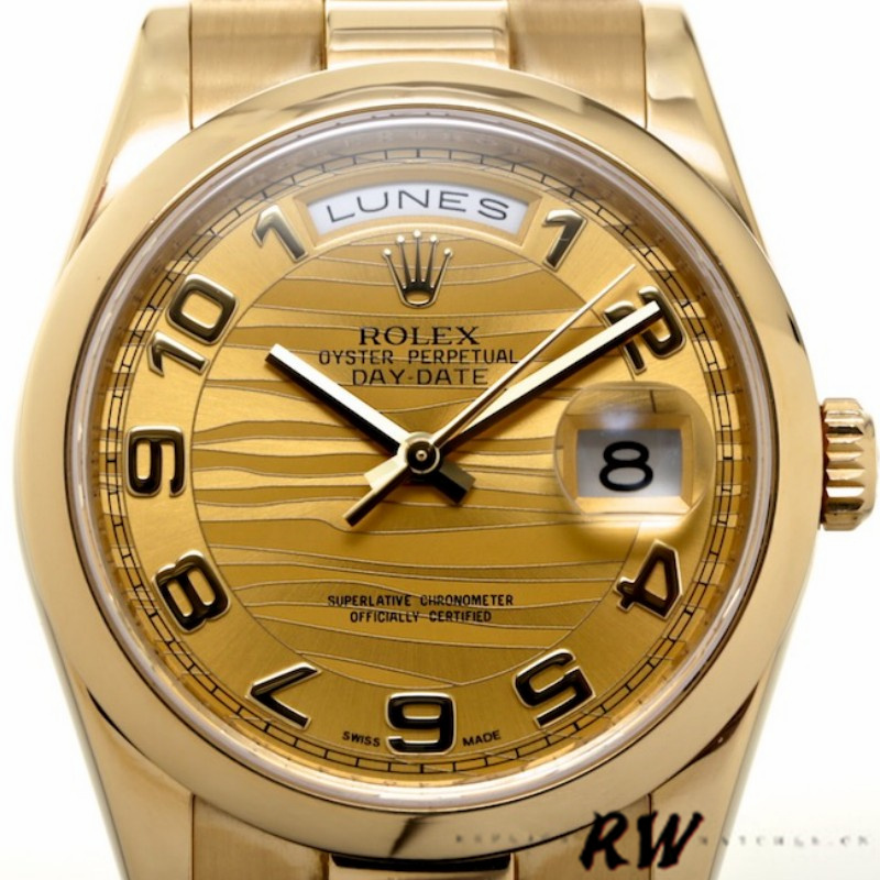 Rolex Day-Date 118208 Yellow Gold Arabic Numeral Wave Champagne Dial 36mm Unisex Replica Watch - Replica Factory