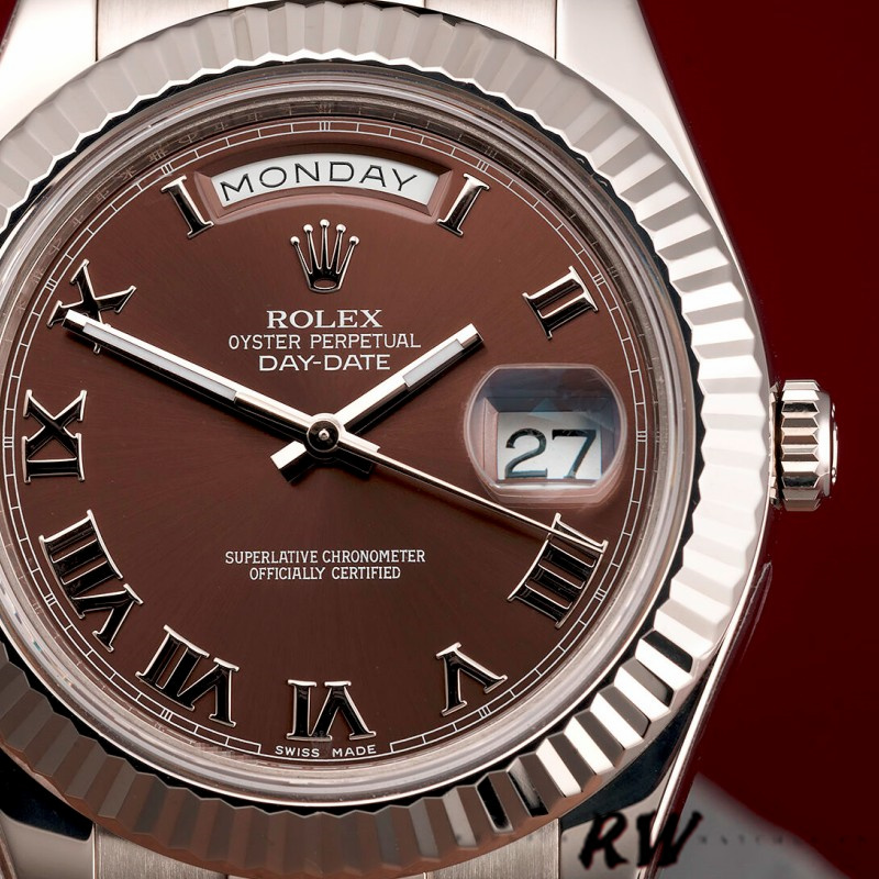 Rolex Day-Date 218239 Chocolate Brown Roman Numerals Dial White Gold 41MM Mens Replica Watch - Replica Factory