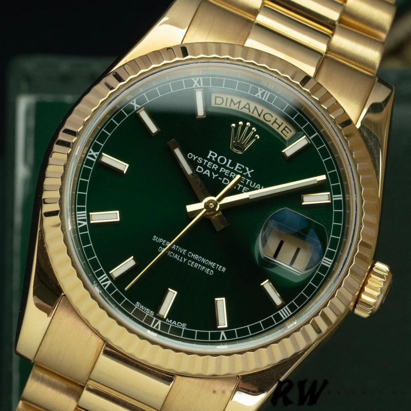 Rolex Day-Date 118238 Yellow Gold Fluted Bezel Green Dial 36mm Unisex Replica Watch - Replica Factory
