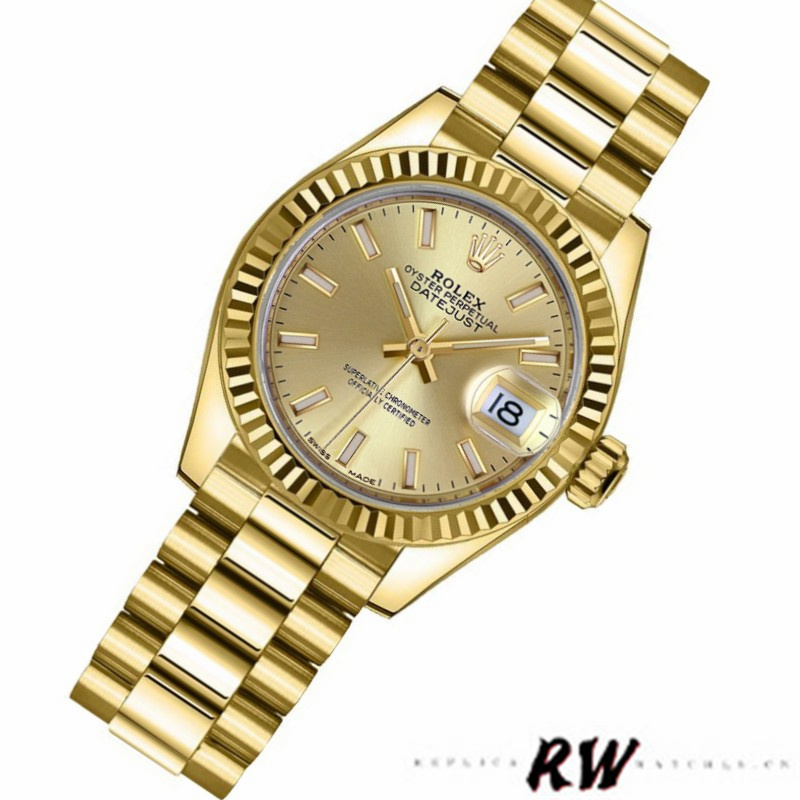 Rolex Datejust 279178 Champagne Index Dial Fluted Bezel 28mm Lady Replica Watch - Replica Factory
