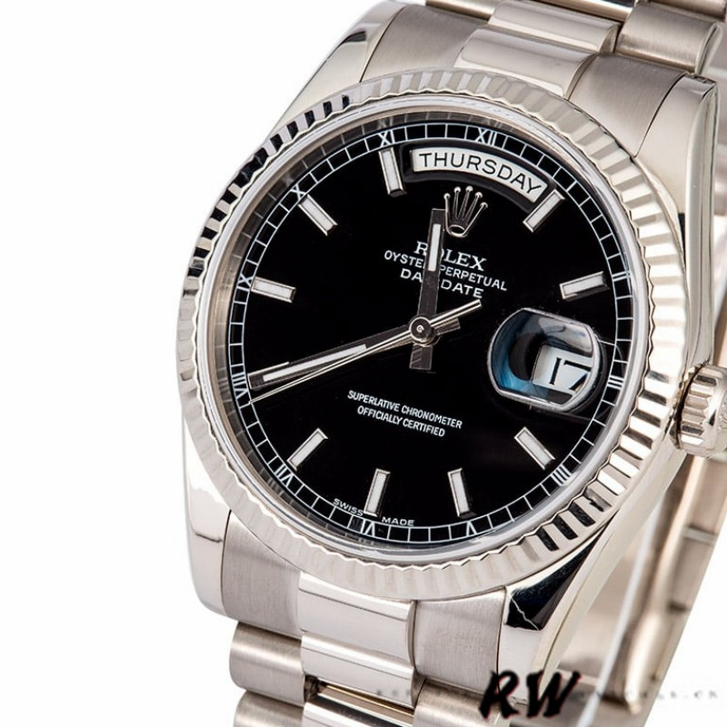 Rolex Day-Date 118239 White Gold Black Dial Fluted Bezel 36mm Unisex Replica Watch - Replica Factory