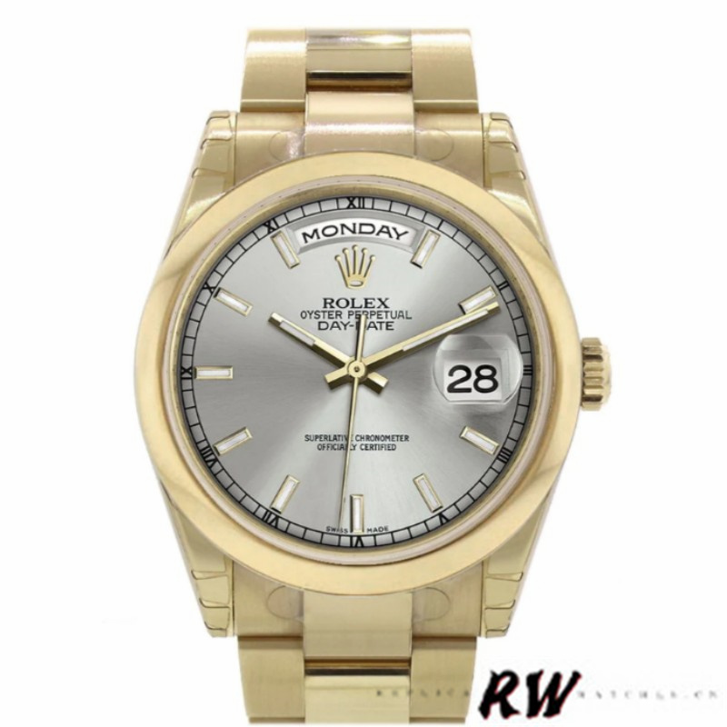 Rolex Day-Date 118208 Silver Dial Yellow Gold 36mm Unisex Replica Watch - Replica Factory