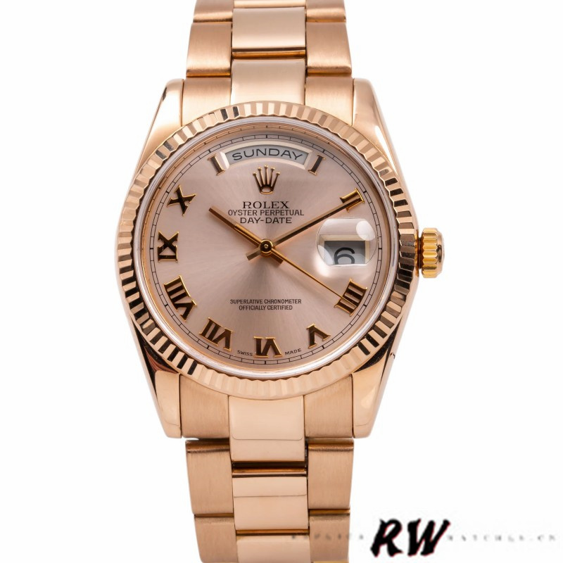 Rolex Day-Date 118235 Pink Roman Numeral dial Fluted Bezel 36mm Lady Replica Watch - Replica Factory