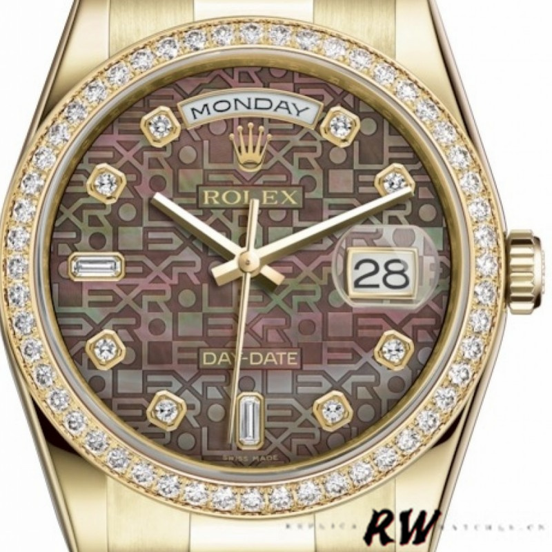 Rolex Day Date 118348 Black MOP Dial Yellow Gold 36mm Unisex Replica Watch - Replica Factory