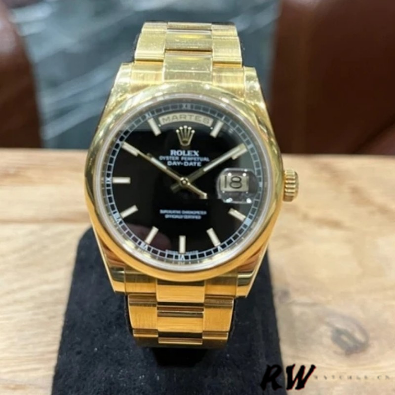 Rolex Day-Date 118208 Black Arab Dial Yellow Gold 36mm Unisex Replica Watch - Replica Factory