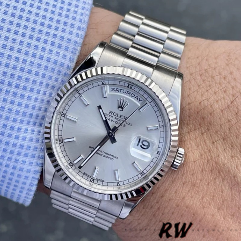 Rolex Day-Date 118239 White Gold White Dial Fluted Bezel 36mm Unisex Replica Watch - Replica Factory