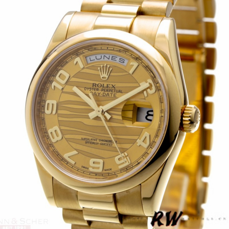Rolex Day-Date 118208 Arabic Numeral Wave Champagne Dial 36mm Unisex Replica Watch - Replica Factory