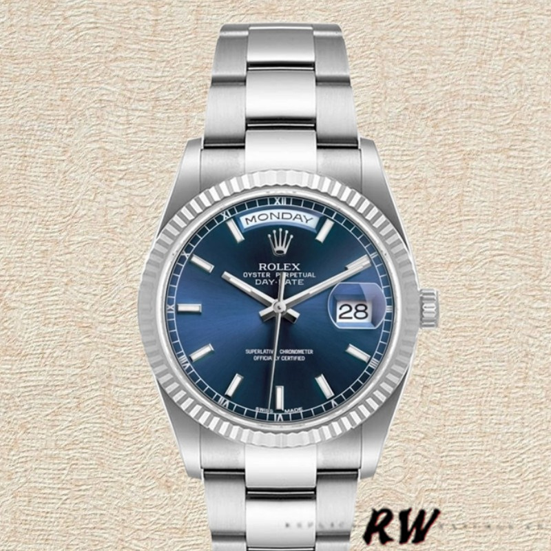 Rolex Day-Date 118239 White Gold Blue Dial Fluted Bezel 36mm Unisex Replica Watch - Replica Factory