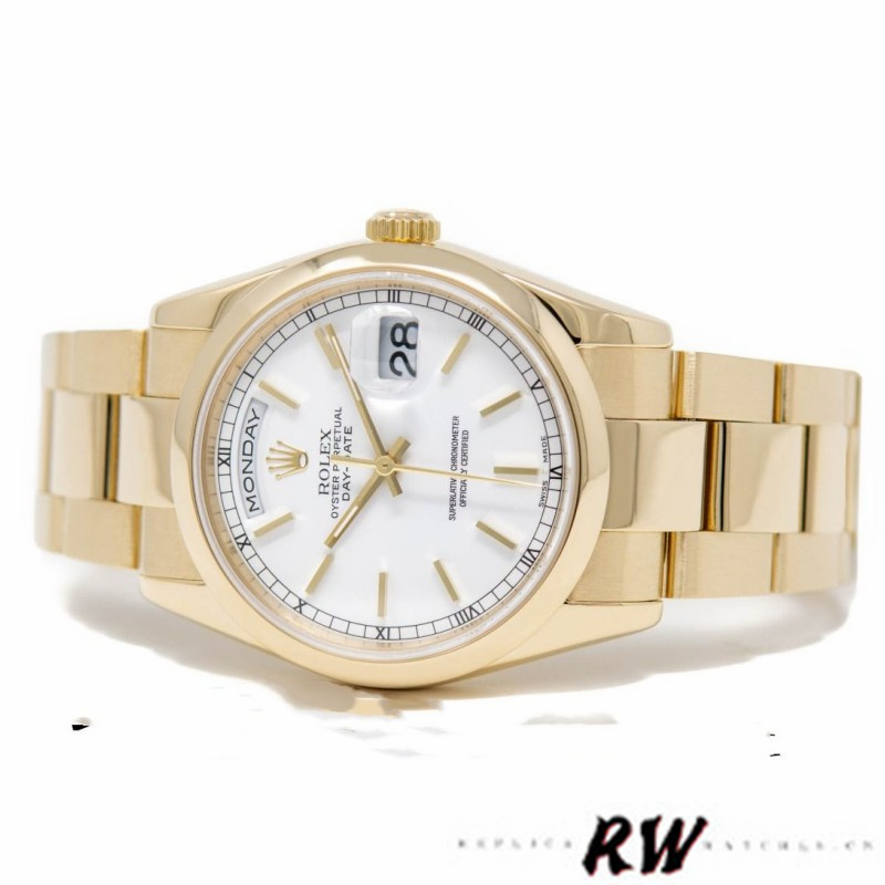 Rolex Day-Date 118208 White Dial Yellow Gold 36mm Unisex Replica Watch - Replica Factory