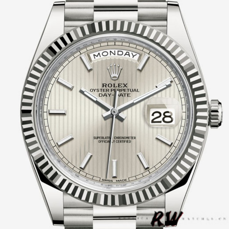Rolex Day-Date 228239 Silver Stripe Motif Dial Fluted Bezel 40mm Mens Replica Watch - Replica Factory