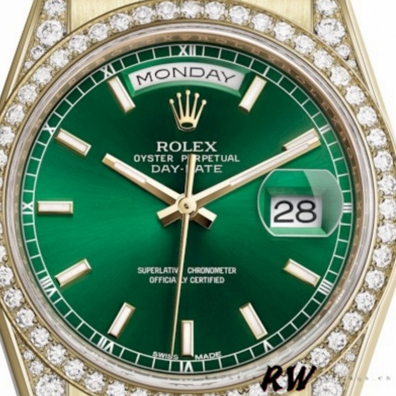 Rolex Day-Date 118388 Yellow Gold Green Index Dial 36MM Unisex Replica Watch - Replica Factory