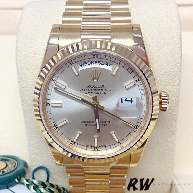 Rolex Day-Date 118238 Silver dial Fluted Bezel 36mm Unisex Replica Watch - Replica Factory