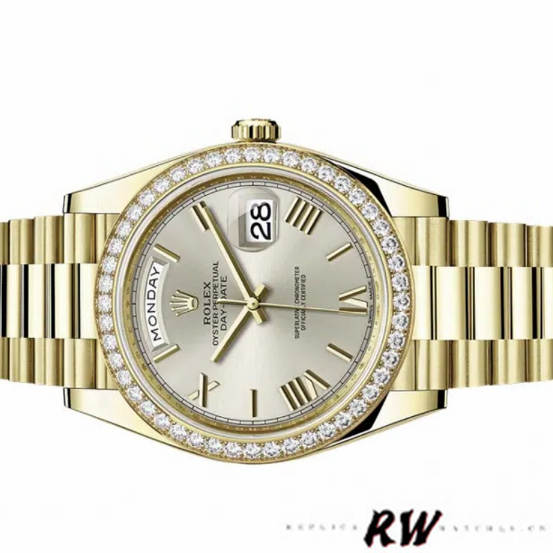 Rolex Day-Date 228348RBR Silver Roman Dial Diamond Bezel 40mm Mens Replica Watch