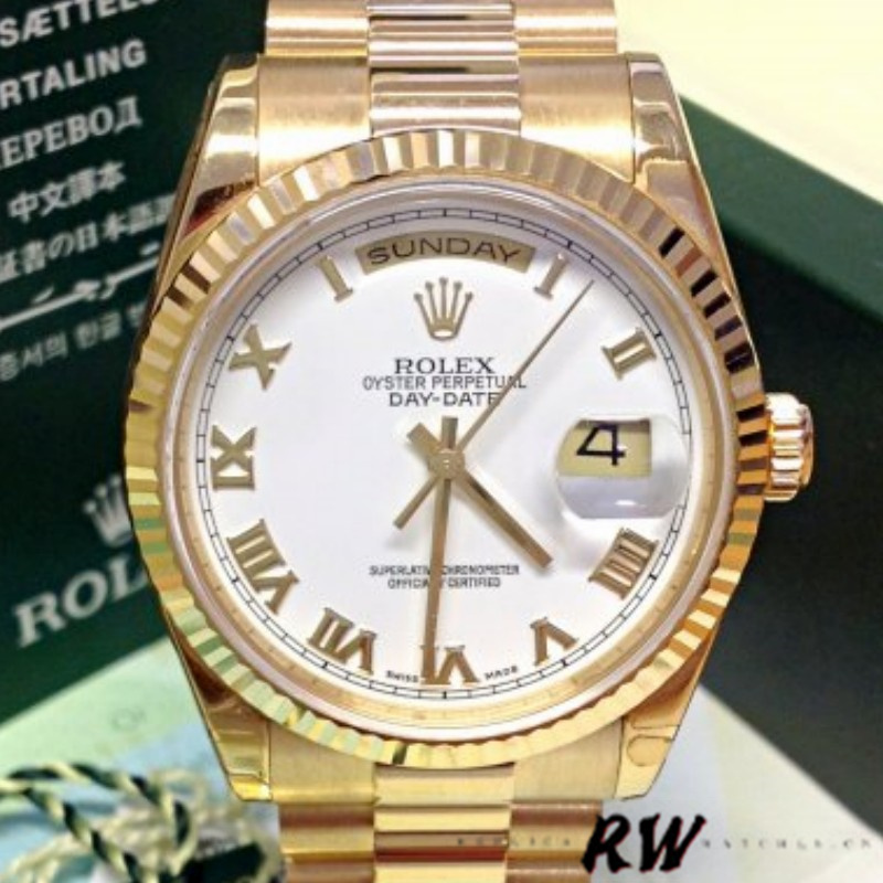 Rolex Day-Date 118238 Yellow Gold White dial Fluted Bezel 36mm Unisex Replica Watch - Replica Factory