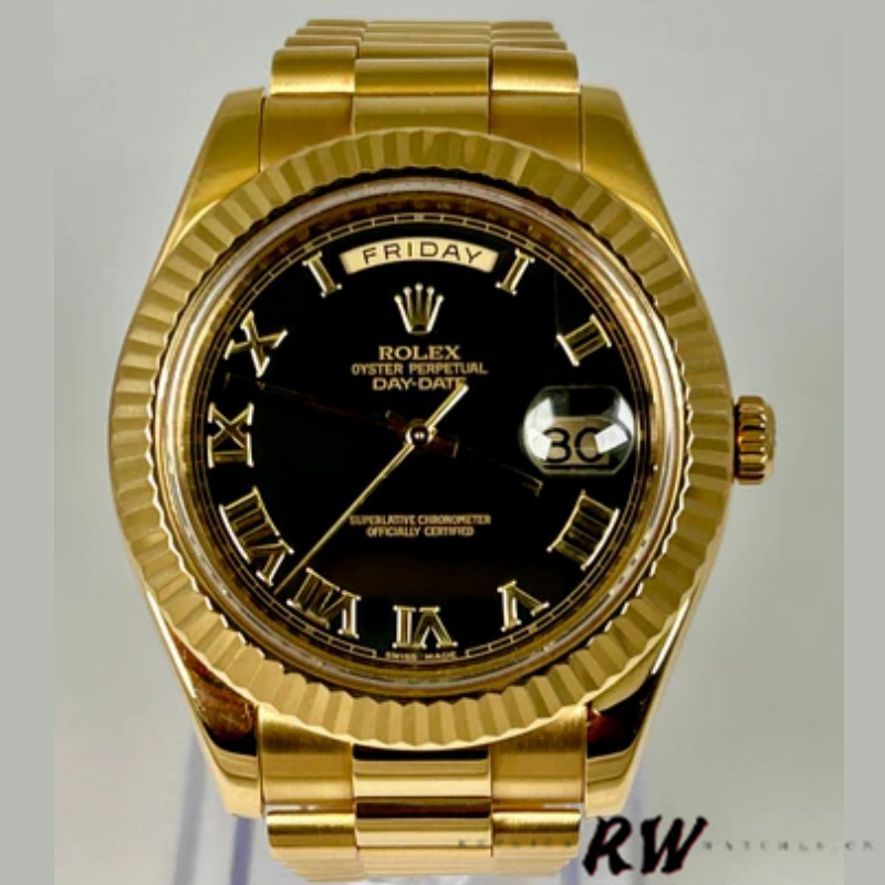 Rolex Day-Date 218238 Black Roman Numeral Dial Yellow Gold 41MM Mens Replica Watch - Replica Factory