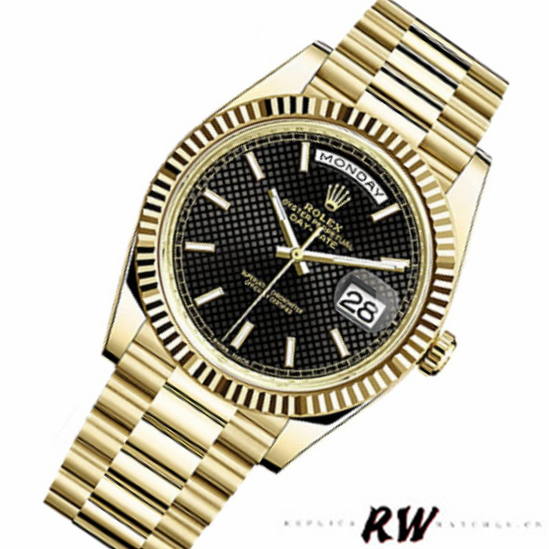 Rolex Day-Date 228238 Black Diagonal Motif Dial Fluted Bezel 40mm Mens Replica Watch - Replica Factory