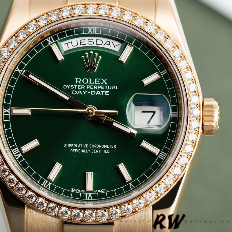 Rolex Day Date 118348 Green Index Dial Yellow Gold 36mm Unisex Replica Watch - Replica Factory